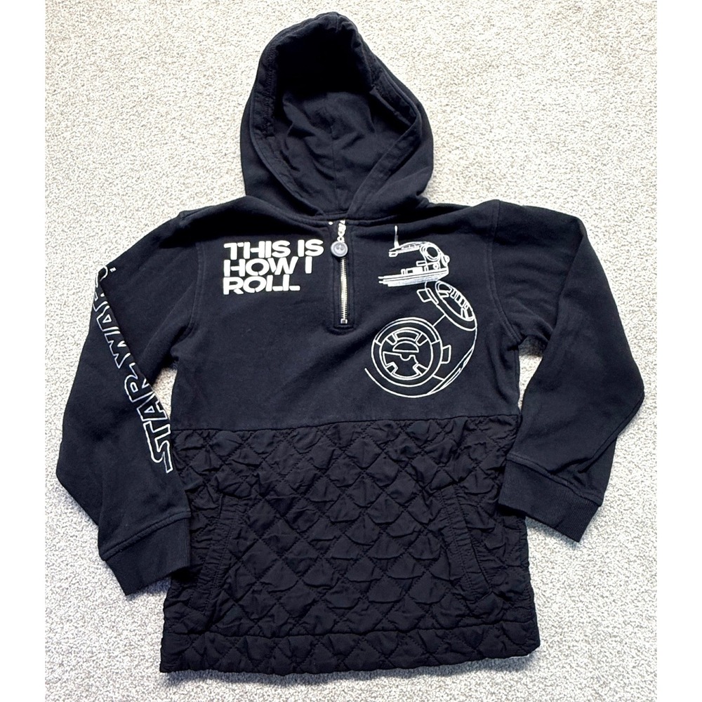 Disney Star Wars BB-8 Boys Large 1/4 Zip Quilted Hoodie Black This Is How I Roll